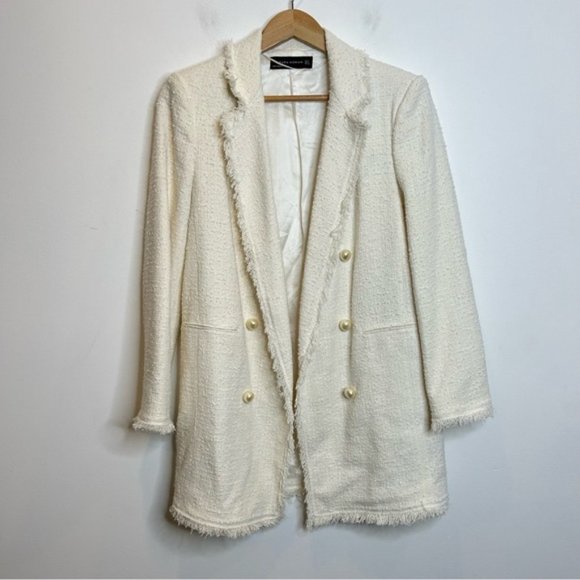 Zara Boucle Cream Blazer Jacket Pearl Buttons - Picture 3 of 10